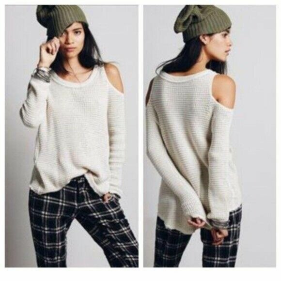 🆕 NWOT Free People | Sunrise Sunset Cold Shoulder Waffle Knit Sweater Top | S - Picture 2 of 13